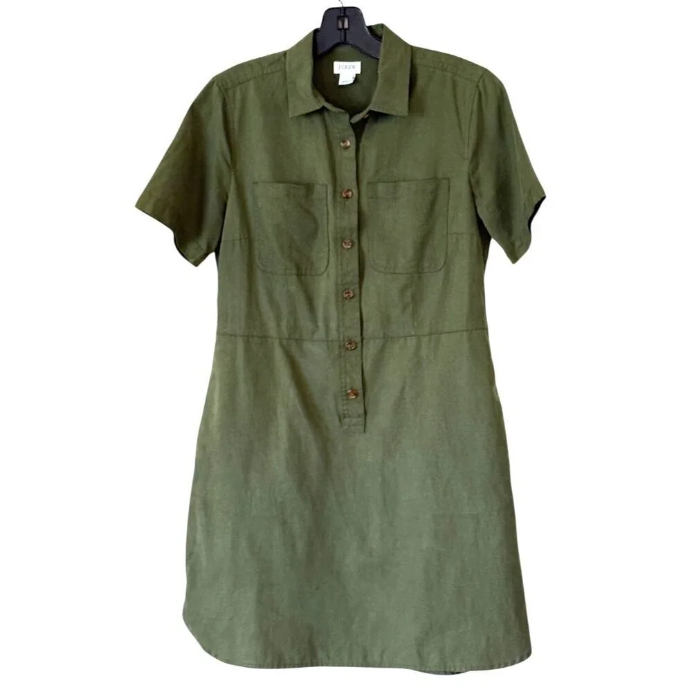 J. Crew Women's Utility Shirt Dress Olive Green Button Split Hem Size 2